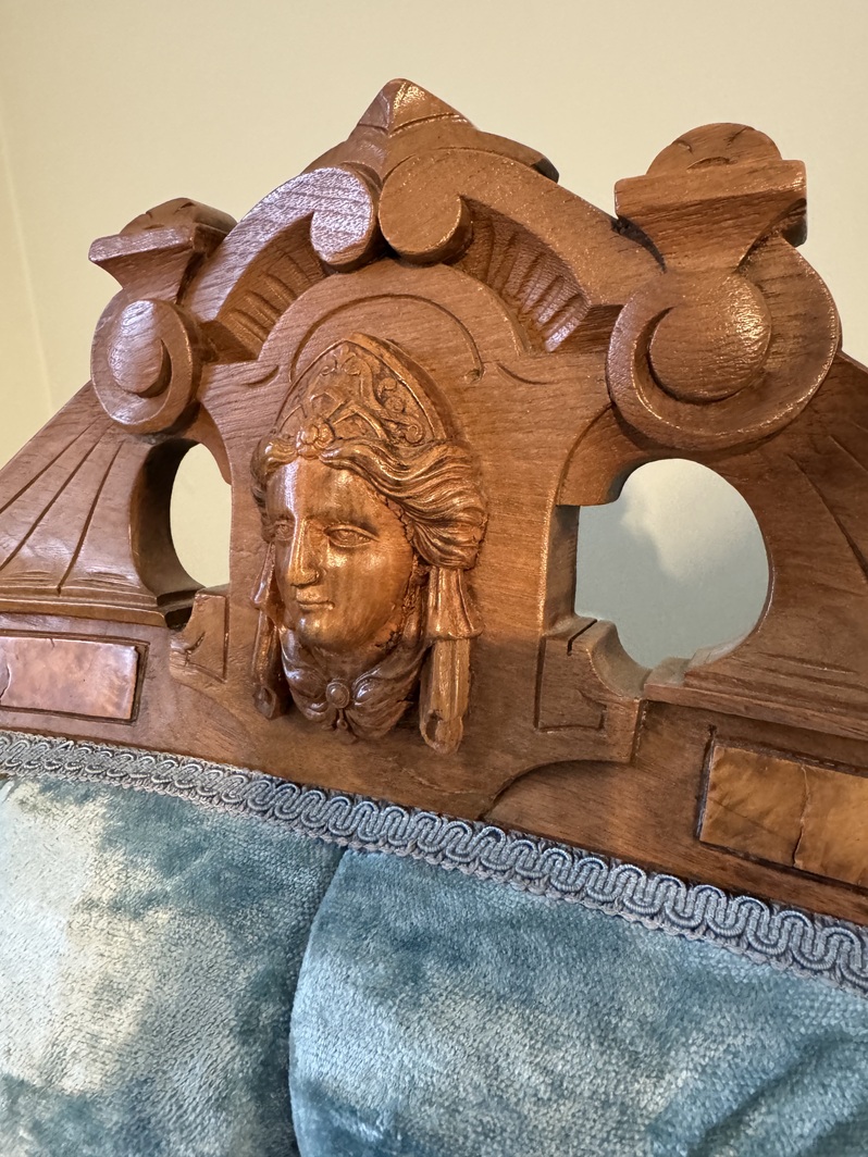 Victorian 1880s walnut settee in orignal teal velvet upholstery.